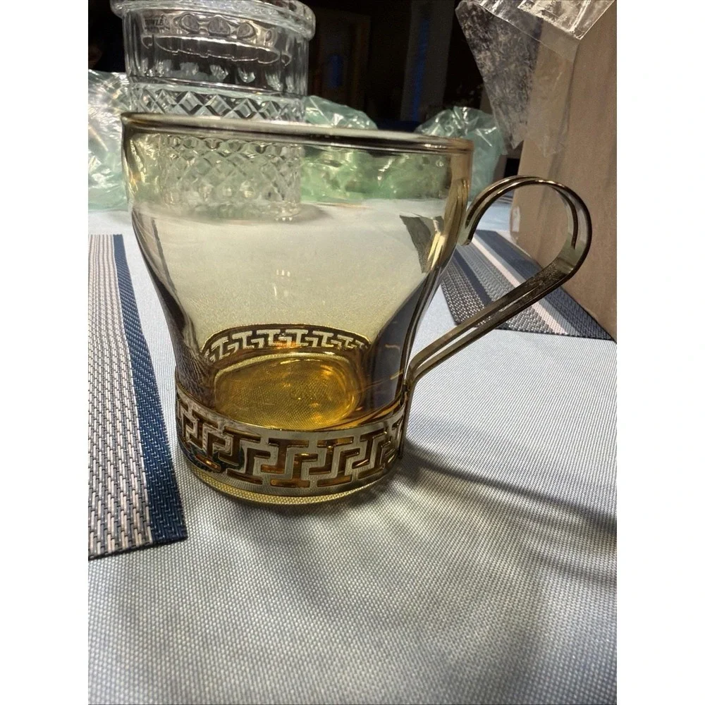 Vintage Amber Glass Cup with Greek Key Gold Tone Metal Base and Handle Espresso